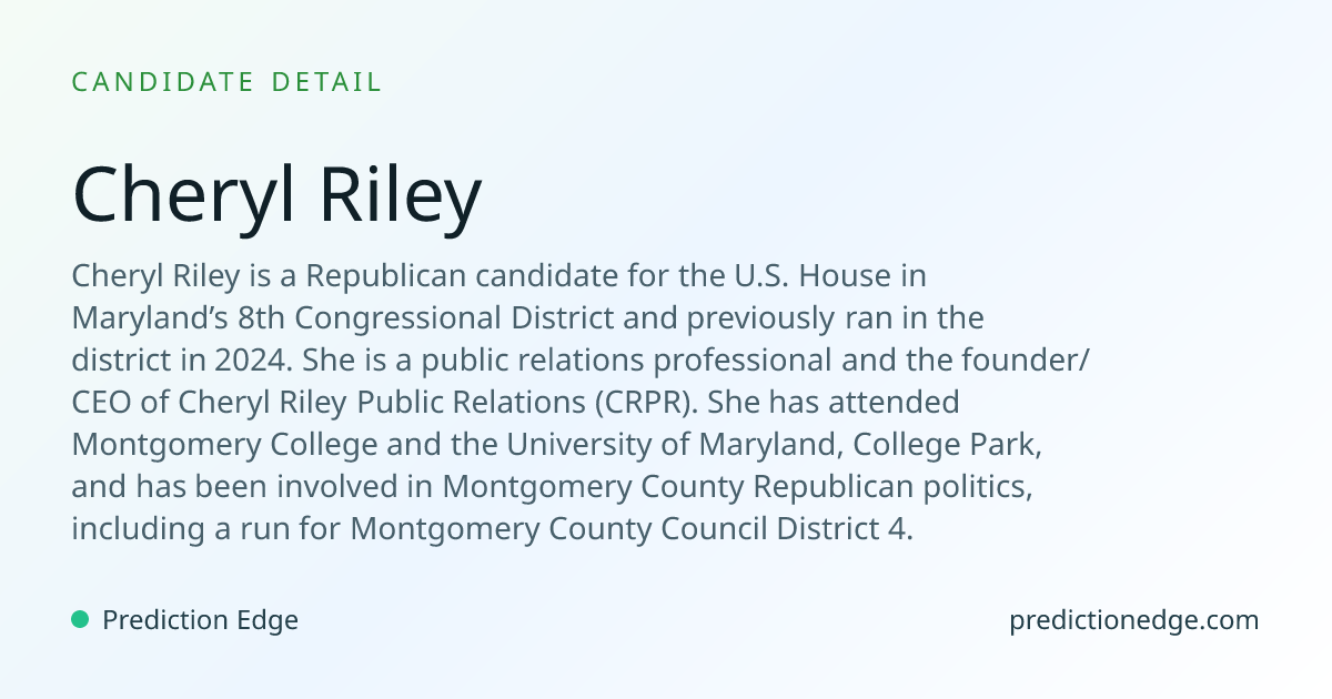 Cheryl Riley: 2026 Maryland U.S. House Polls & Odds | Prediction Edge