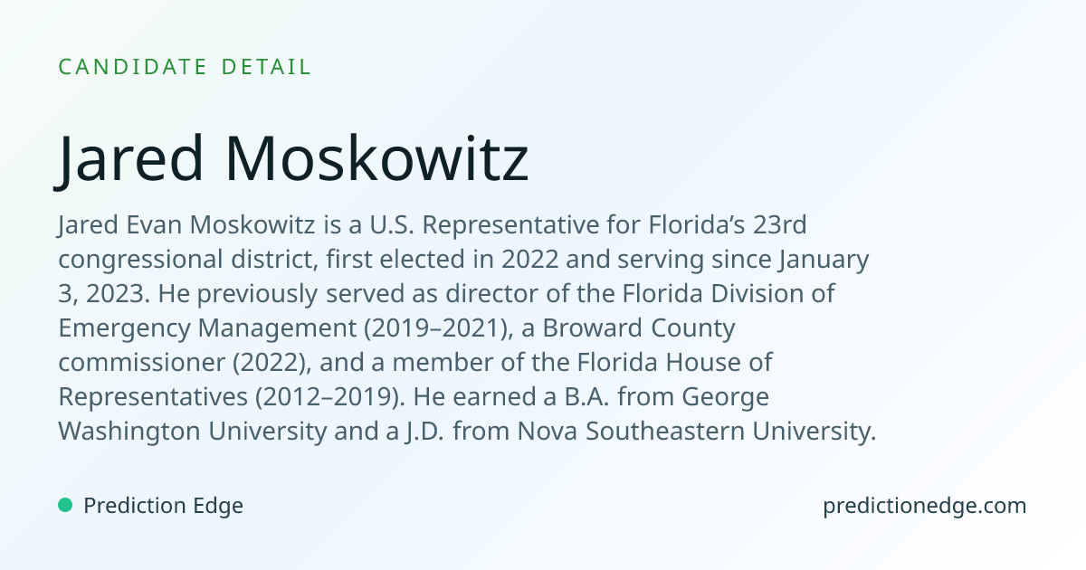 Jared Moskowitz: 2026 Florida U.S. House Polls & Odds | Prediction Edge