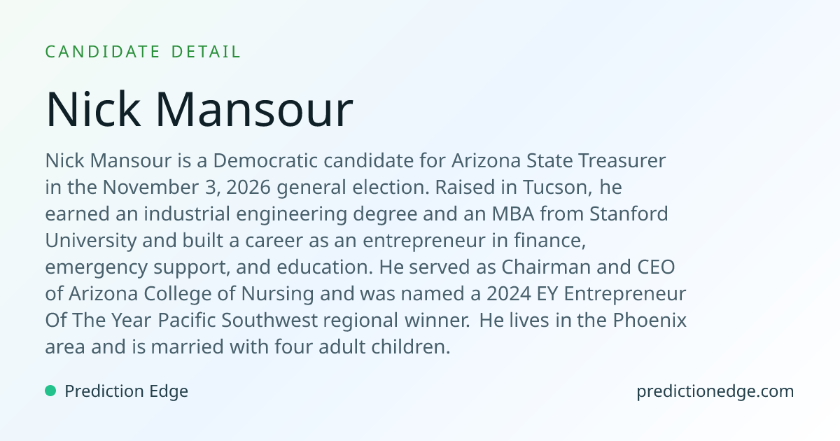 Nick Mansour: 2026 Arizona Comptroller Polls & Odds | Prediction Edge