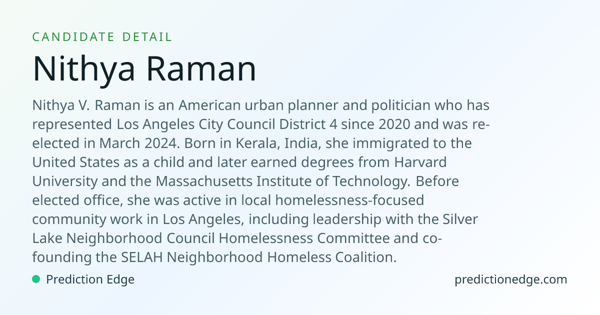 Nithya Raman: 2026 California Mayor Polls & Odds | Prediction Edge